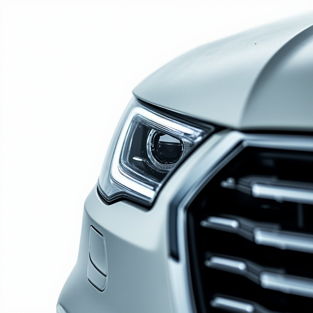 Macro close-up of a car's front headlight and chrome grille edge where the AI cleanly separates chrome trim from pure white background, demonstrating precise edge detection on reflective surfaces
