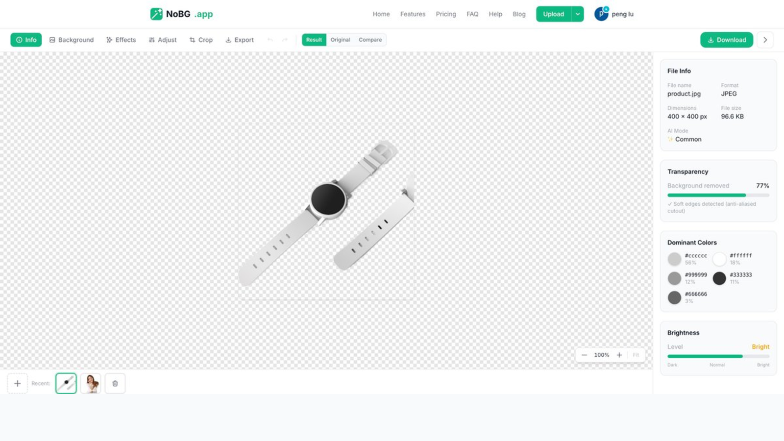 NoBG editor interface — Result tab with transparency, dominant colors, and file info sidebar