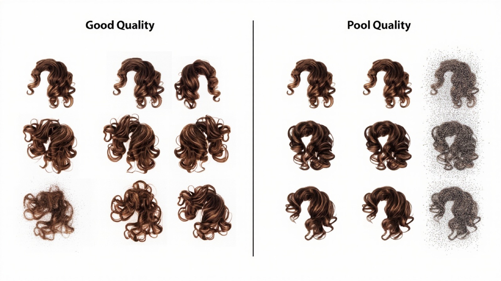 Side-by-side hair edge quality comparison: left panel shows clean hair strands with crisp preserved edges, right panel shows the same hair with noisy halo and speckled artifacts typical of cheaper AI tools