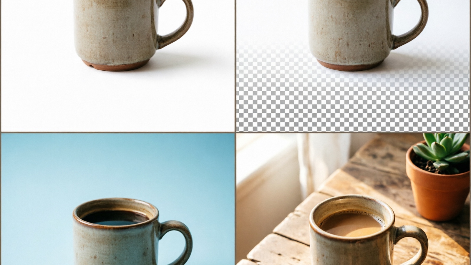 Background types comparison — white, transparent, blue, and lifestyle photo applied to the same product